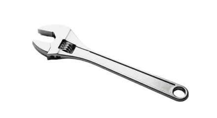 A shiny adjustable wrench on a transparent background. The tool features a smooth metallic finish and an adjustable jaw for gripping various sizes of nuts and bolts.
