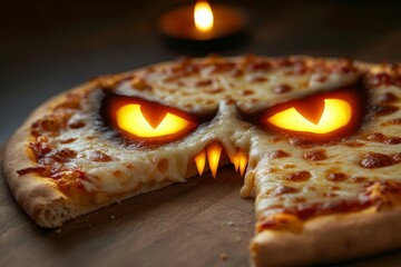 A creative pizza with melted cheese forming a monstro. Inventive flatbread creation liquid dairy product becoming a bizarre aberration culinary oddity comical foodstuff fantastical