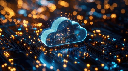 Digital cloud icon representing cloud computing on circuit board with glowing data lights