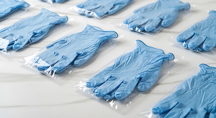 Multiple blue surgical gloves in clear plastic packaging arranged on a white surface in a pattern
