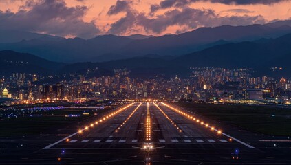 Runway lights illuminate a long tarmac leading towards a city skyline silhouetted against a dusky, pink and purple sunset over a mountain range