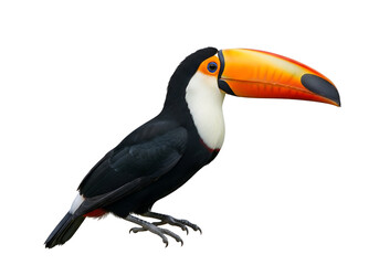 Naklejka premium A toucan, vibrant orange and black, is prominently displayed against a solid black background.