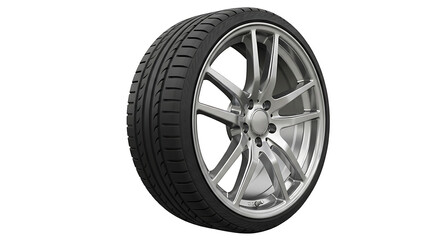 Obraz premium Close up of a car tire with a silver rim against a plain white background in a studio setting