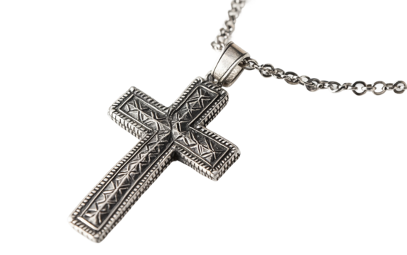 A Silver Ethiopian Cross Pendant on a Chain Isolated On Transparent Background.