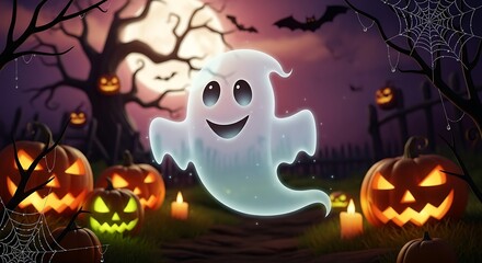Friendly Ghost Amidst Glowing Pumpkins and Spooky Halloween Night