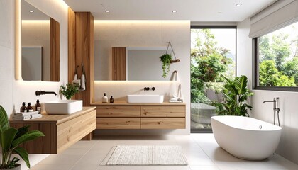 Fototapeta premium Minimalist Bathroom with Wooden Accents and Soft Lighting
