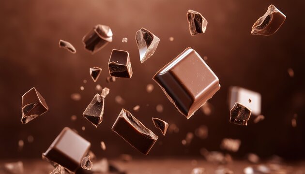 Levitating Milk Chocolate Chunks With Realistic Falling Chocolate Pieces: Ideal For Packaging, Advertising, And More
