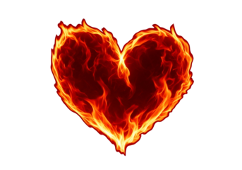 A fiery heart shape, outlined in vibrant orange-red flames against a stark black backdrop, creates a striking visual.