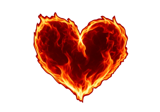 A fiery heart shape, outlined in vibrant orange-red flames against a stark black backdrop, creates a striking visual.