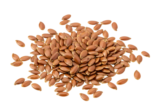 A close-up view of many scattered flax seeds against a black background.