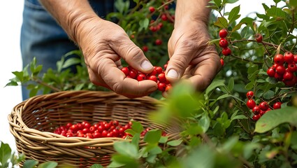 Hands picking ripe red cherries into a woven basket during harvest season