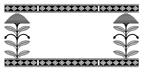 Traditional Black and Transparent Tribal Floral Border Frame, Geometric Ethnic Pattern, Blank Center, Decorative Folk Art Design