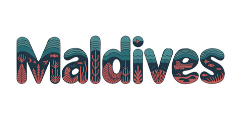 Maldives Typography Illustration – Ocean Theme Hand-Drawn Lettering with Marine Life, Coral Reef and Sea Elements