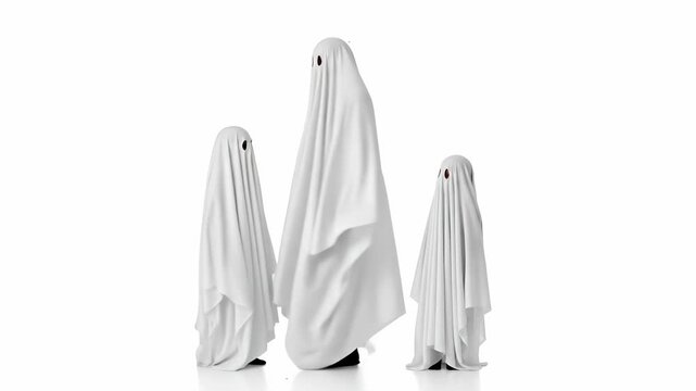 Halloween Ghost Family - White Background - Three figures in classic white ghost costumes stand against a clean white background. The figures are of varying sizes, suggesting a family.