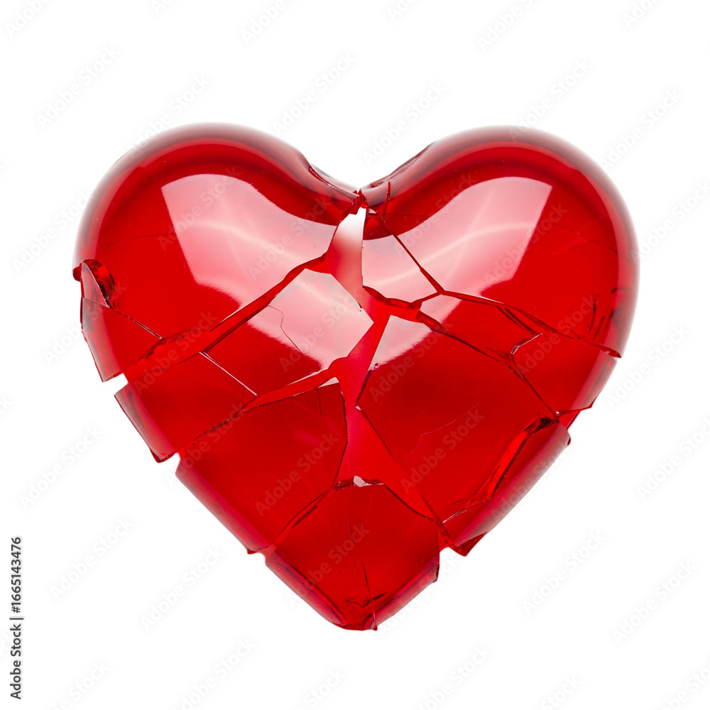 Poster a broken red heart made of glass with visible cracks. the heart is displayed on a transparent backgr