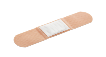 A beige adhesive bandage with a white gauze pad in the center, isolated on a transparent background. Ideal for medical or first aid concepts.