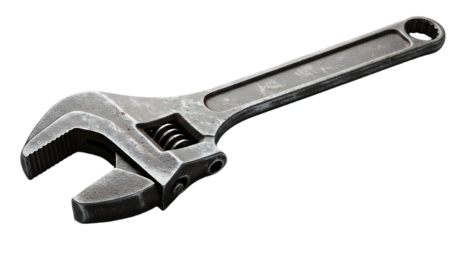 A metallic adjustable wrench on a transparent background. The tool features a smooth handle and a movable jaw for gripping various sizes of nuts and bolts.