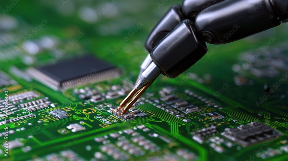 Poster a robotic hand with a pen precision-strokes a microchip on a green circuit board, showcasing technol