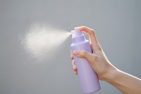 Hand spraying a purple aerosol can against a gray background - Powered by Adobe