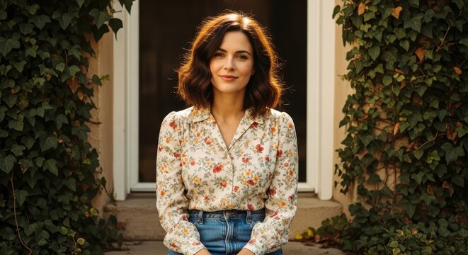 Young caucasian female in floral shirt sitting by ivy-covered wall - Powered by Adobe