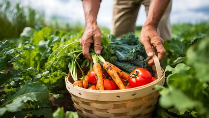 Hands holding a basket overflowing with fresh vegetables from a garden