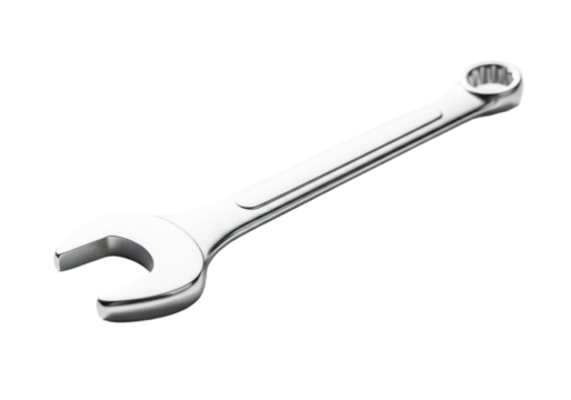 A shiny silver adjustable wrench on a transparent background. The tool features a smooth finish and a distinct open-end and closed-end design.