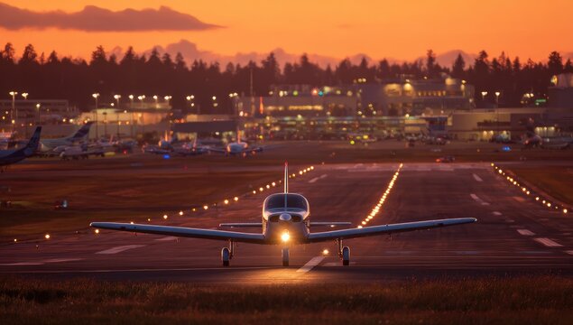 Small single-engine aircraft taxiing on runway at sunset, facing camera, with a large airport in background silhouetted against a fiery orange and dusky pink sky
