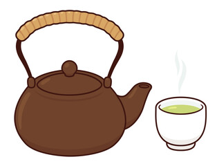 Japanese green tea, teapot and cup drawing. Simple cartoon vector illustration.