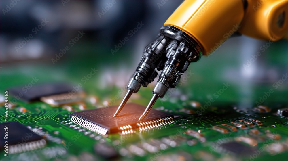 Poster a robotic arm delicately interacts with a microchip on a green circuit board, showcasing precision e