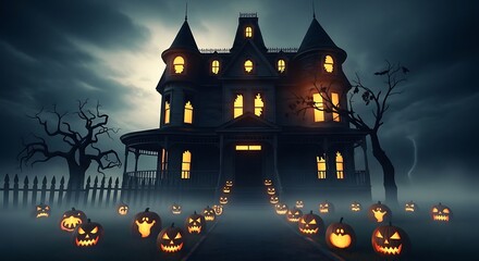 Spooky Victorian Mansion Halloween Night Jack O Lanterns