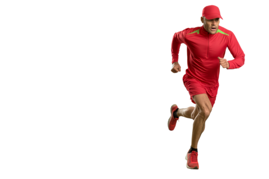Man wearing red athletic outfit running on rocky terrain