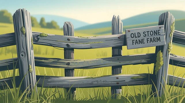 Rustic wooden fence gate with sign for old stone farm in a grassy field