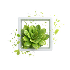 Green succulent in a white square frame with small leaves around it, black background