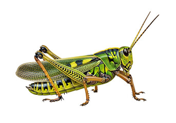 Fototapeta premium A vibrant depiction of a meticulously detailed grasshopper, showcasing intricate patterns and colors against a striking black backdrop.