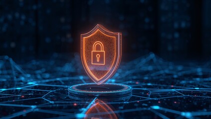 A high-resolution cybersecurity business concept with a glowing digital shield and padlock symbol over futuristic binary code network background, Generative AI