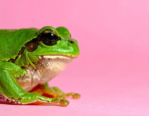 Obraz premium Vibrant green tree frog close-up on a bright pink background, showcasing a conceptual and colorful contrast in nature