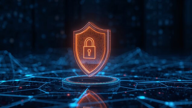 A high-resolution cybersecurity business concept with a glowing digital shield and padlock symbol over futuristic binary code network background, Generative AI