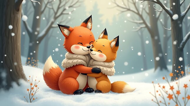 A cozy and intimate illustration of two cute animals, like foxes or bears, sharing a warm embrace in a snowy forest, in a storybook art style