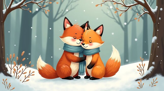 A cozy and intimate illustration of two cute animals sharing a warm embrace