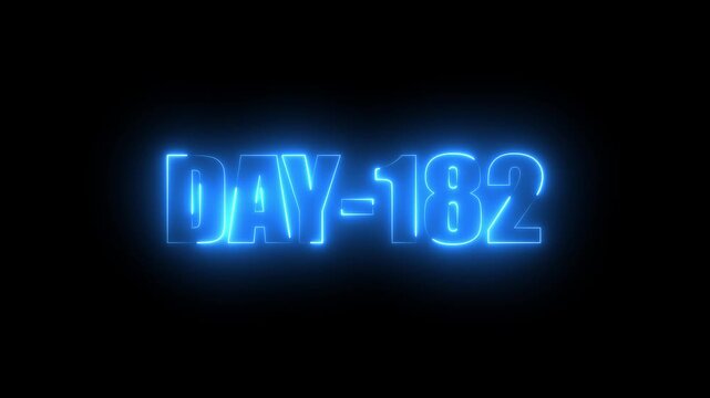 Blue Neon text day-182 animation on black background.calender, text,number, days, date, countdown neon text concept.