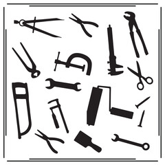 Hand Tools Icon Set - Black Construction Tools, Wrenches, Pliers, Saw, Scissors, Clamps, Measuring Tools, Vector Tool Illustrations for DIY and Workshop