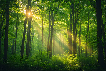 Obraz premium Sunbeams filtering through lush green forest canopy