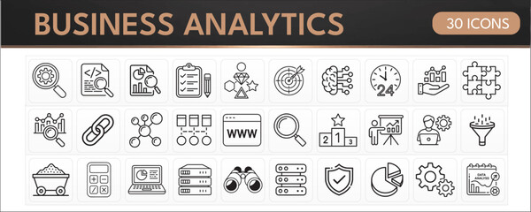 Data Analysis & Business Analytics Icons Pack : charts, graphs, magnifying glass, code analysis, data funnels, servers, pie charts, brain networks, targets, reports, laptops