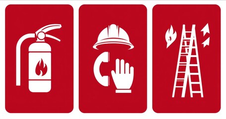 Three red rectangular safety signs; a fire extinguisher, hard hat with emergency call, and a ladder depicting fire safety procedures