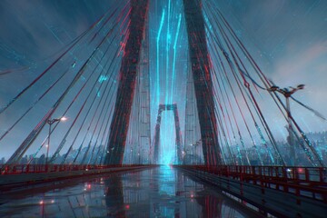 Fototapeta premium Red bridge with blue data streams across, night sky, traffic, modern infrastructure