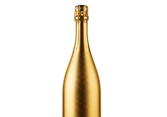 A single golden champagne bottle, elegantly presented against a stark black backdrop, highlights the luxurious appeal of the celebratory beverage.