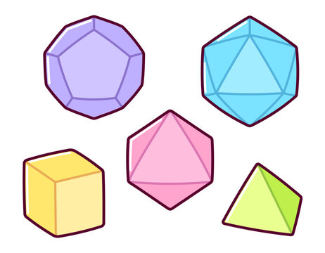 Set of dice for fantasy role playing tabletop games. Five different colored polyhedrons. Cute cartoon style vector icons.