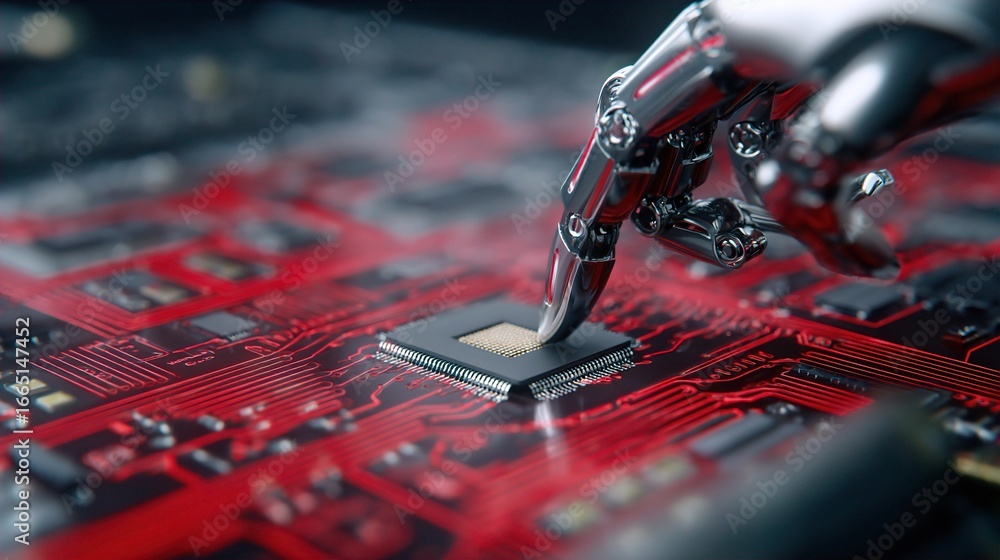 Aufkleber a metallic robotic hand delicately interacts with a computer chip on a vibrant red circuit board.