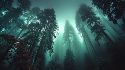 Misty forest with tall trees and light rays filtering through the canopy, creating an atmospheric and enchanting natural scene