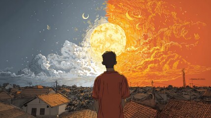 Boy watches sunrise/sunset over cityscape